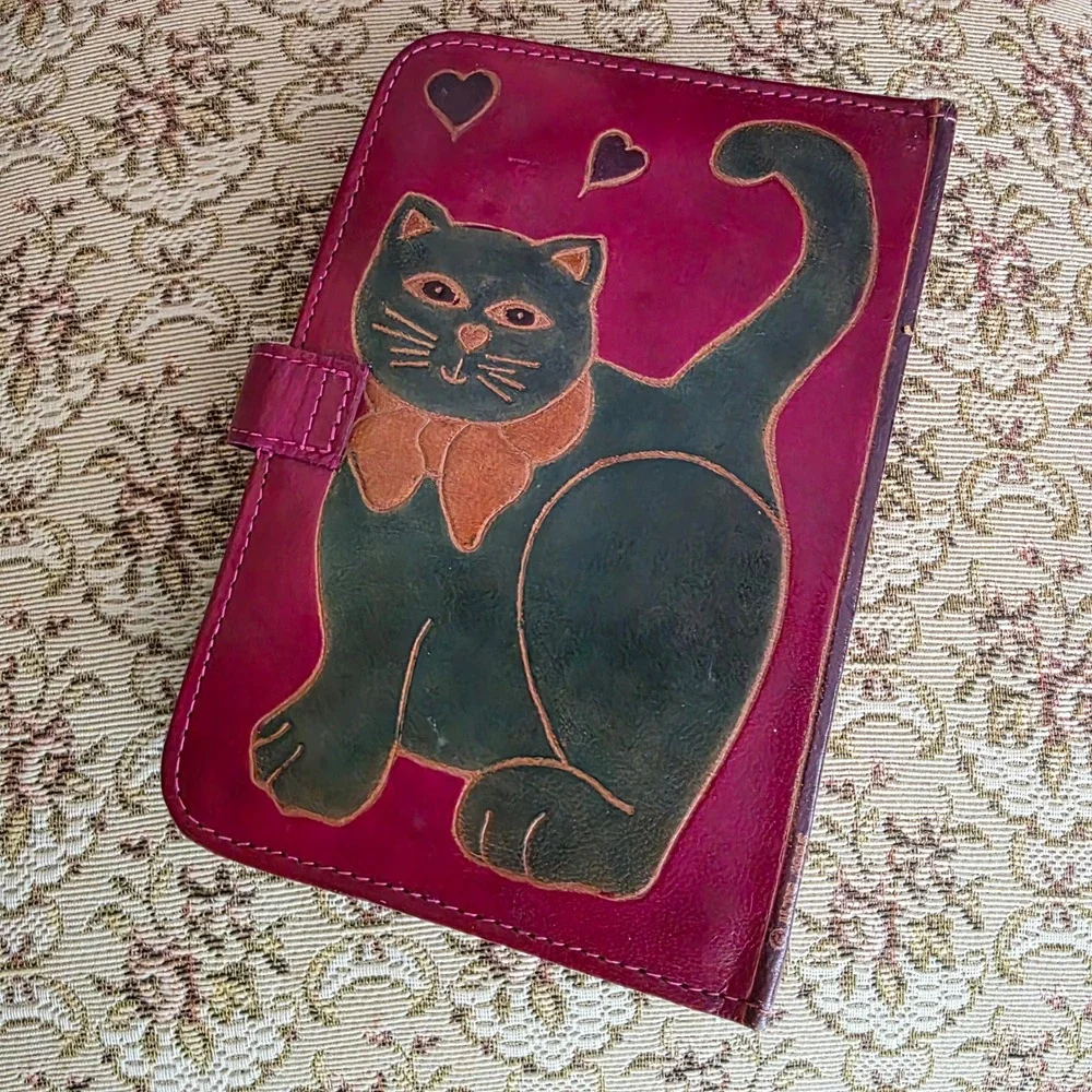 Vintage 1990s Tooled Leather Cat Planner Burgundy 6 Ring Organizer I Love Cats